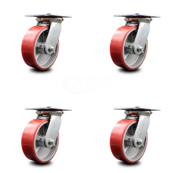 6 Inch Heavy Duty Red Poly on Cast Iron Caster Set with Ball Bearings, 4PK
